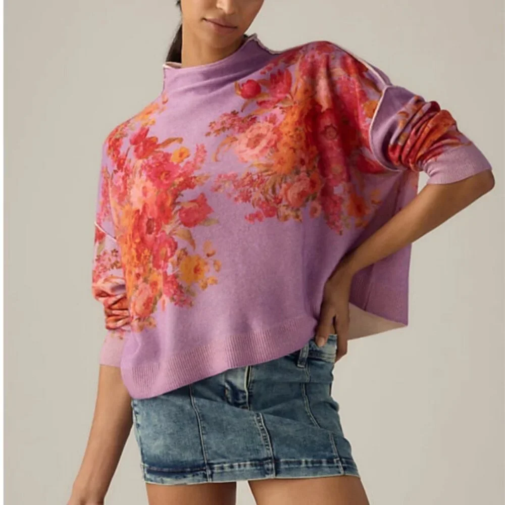 Anthropologie Pilcro The Alani Cashmere Mock-Neck Sweater S/M/L Purple Floral